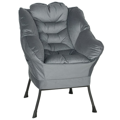 Living Room Armchair Lounge Chair Upholstered Relax Chair with Side Pocket, Steel Legs Padded Armchair with Velvet Look, Single Chair for Bedroom, Grey
