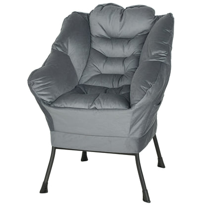 Living Room Armchair Lounge Chair Upholstered Relax Chair with Side Pocket, Steel Legs Padded Armchair with Velvet Look, Single Chair for Bedroom, Grey