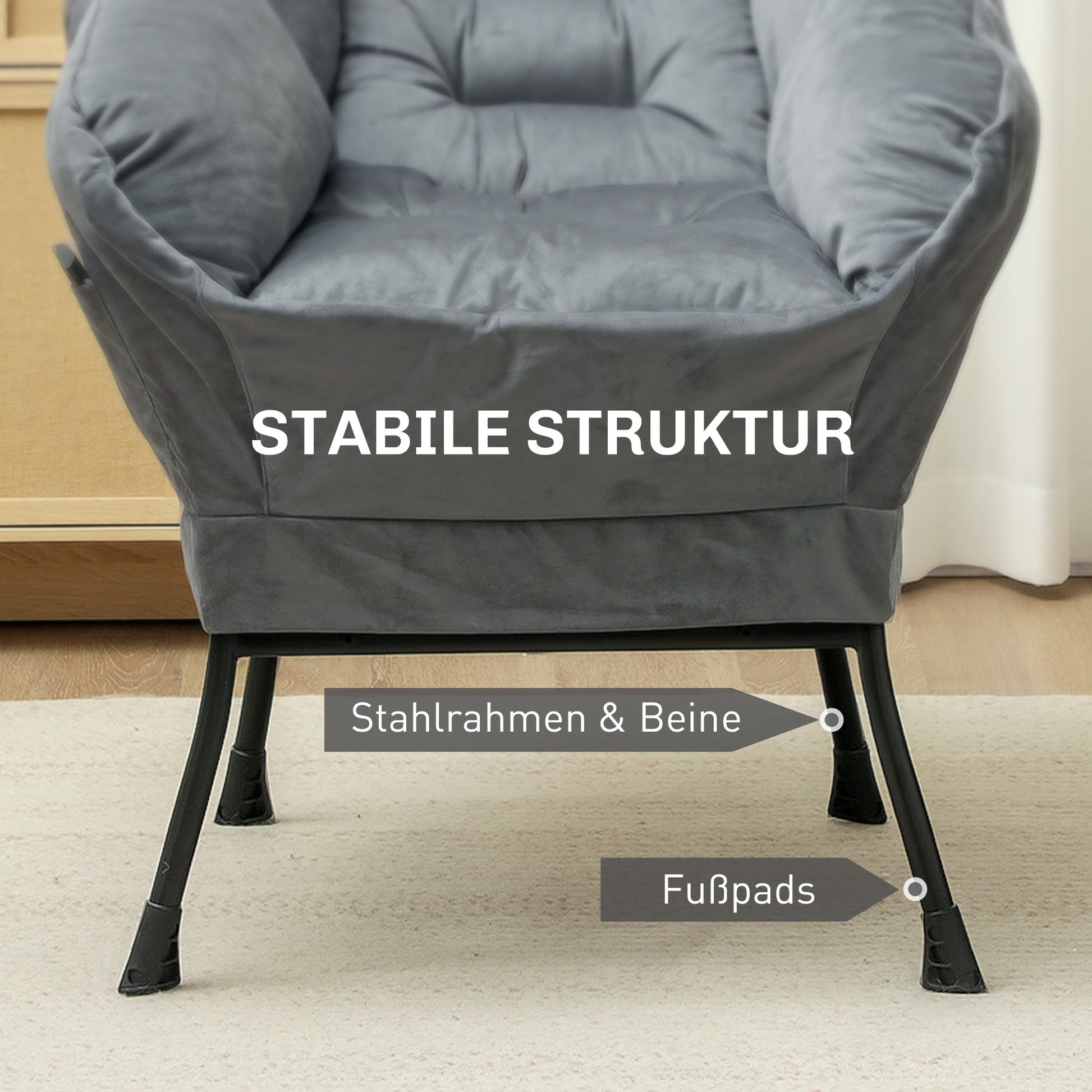 Living Room Armchair Lounge Chair Upholstered Relax Chair with Side Pocket, Steel Legs Padded Armchair with Velvet Look, Single Chair for Bedroom, Grey