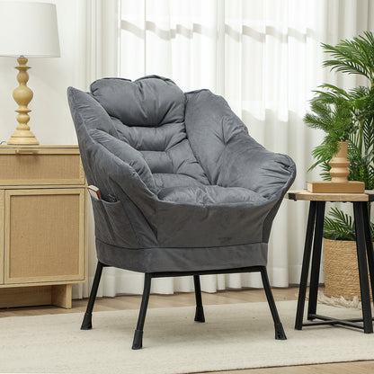 Living Room Armchair Lounge Chair Upholstered Relax Chair with Side Pocket, Steel Legs Padded Armchair with Velvet Look, Single Chair for Bedroom, Grey