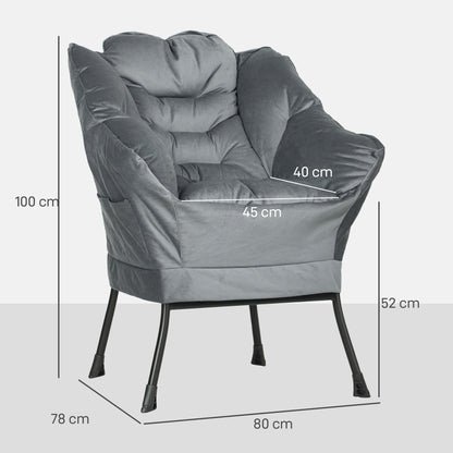 Living Room Armchair Lounge Chair Upholstered Relax Chair with Side Pocket, Steel Legs Padded Armchair with Velvet Look, Single Chair for Bedroom, Grey