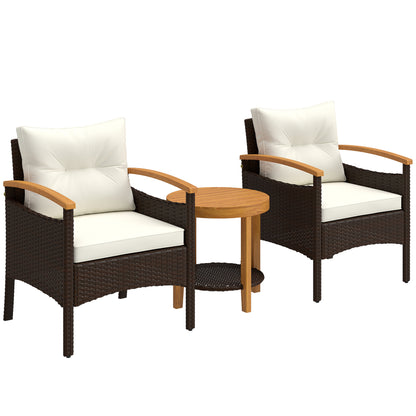 3-Piece Rattan Bistro Set – FSC Garden Furniture with 2 Armchairs, 2-Tier Acacia Wood Table, Thick Washable Cushions, Cream White