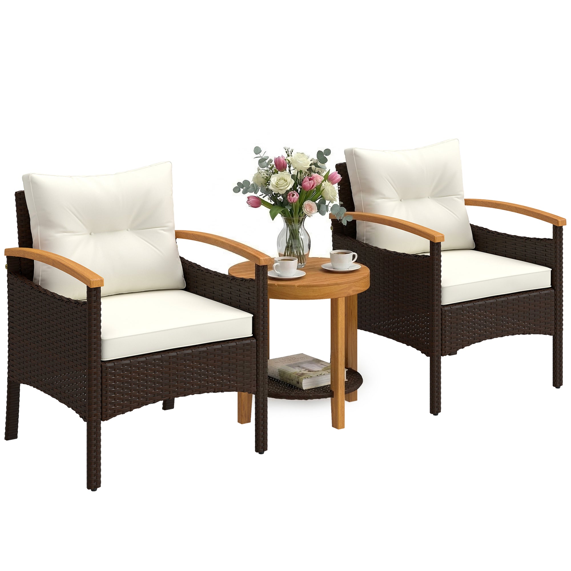 3-Piece Rattan Bistro Set – FSC Garden Furniture with 2 Armchairs, 2-Tier Acacia Wood Table, Thick Washable Cushions, Cream White