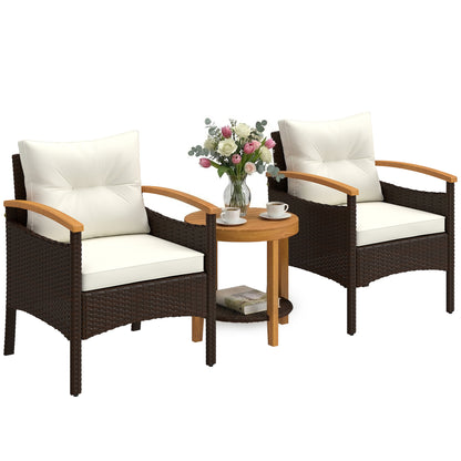 3-Piece Rattan Bistro Set – FSC Garden Furniture with 2 Armchairs, 2-Tier Acacia Wood Table, Thick Washable Cushions, Cream White