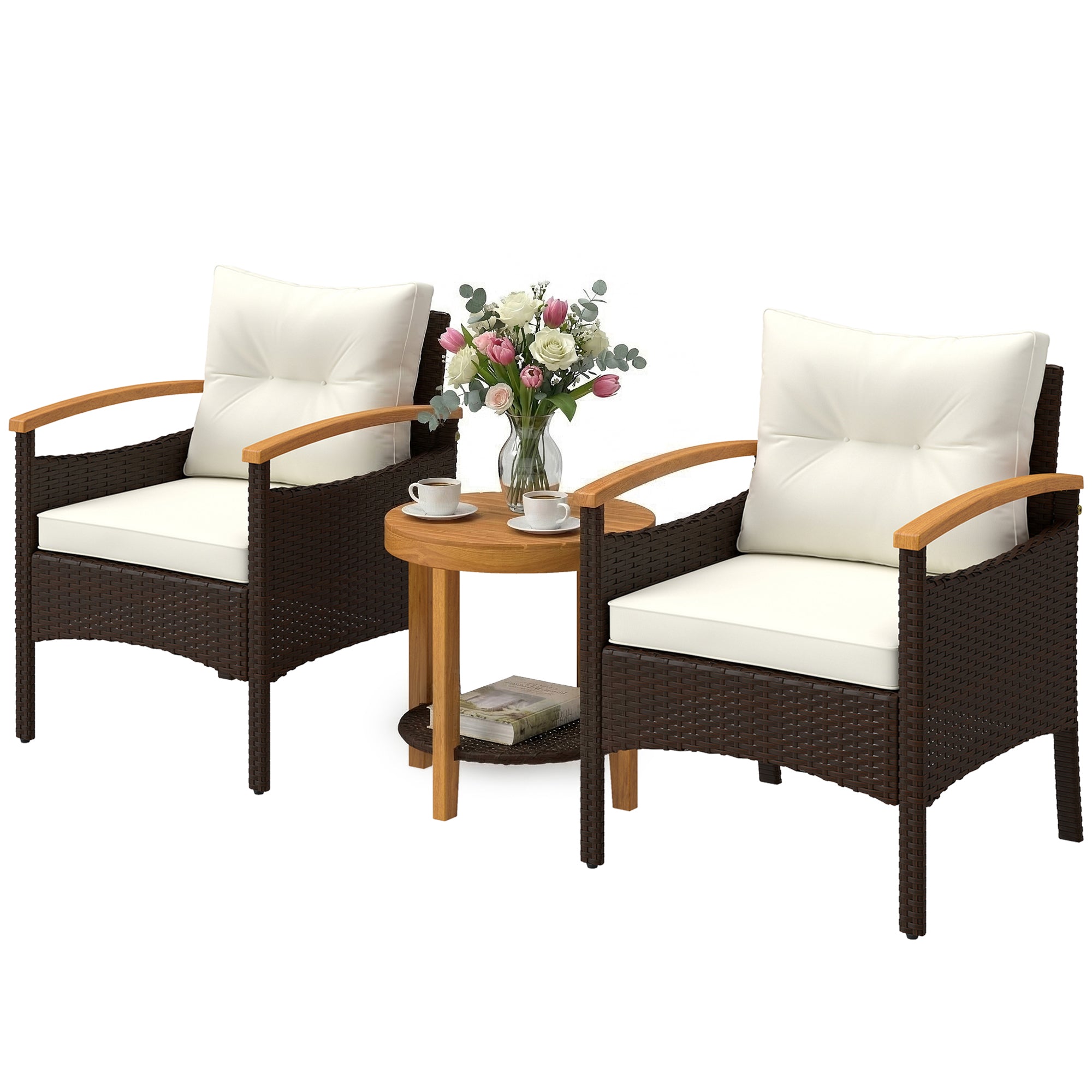 3-Piece Rattan Bistro Set – FSC Garden Furniture with 2 Armchairs, 2-Tier Acacia Wood Table, Thick Washable Cushions, Cream White