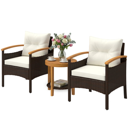 3-Piece Rattan Bistro Set – FSC Garden Furniture with 2 Armchairs, 2-Tier Acacia Wood Table, Thick Washable Cushions, Cream White