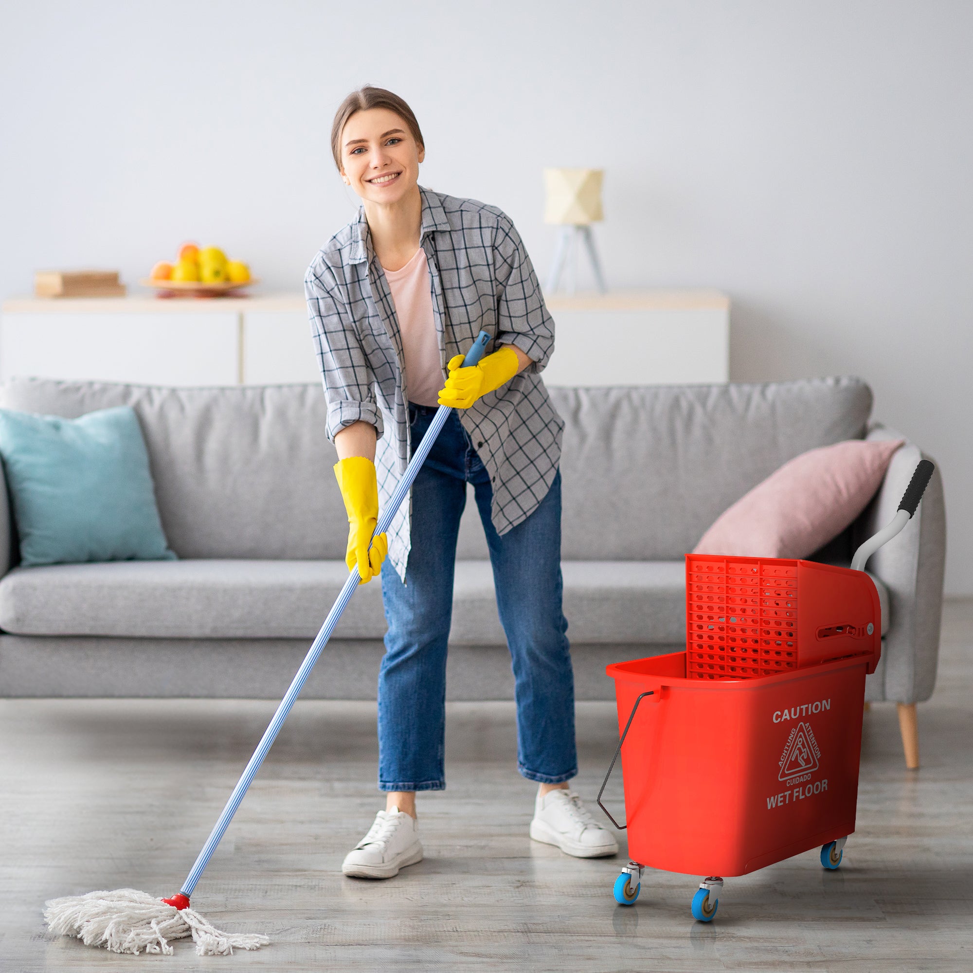 Mop Bucket with Wheels 20 L Capacity Mop Bucket with Wringer System Wheels and Transport Handle for Domestic and Commercial Use Red