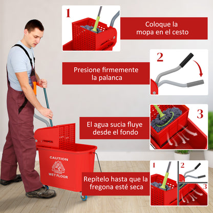 Mop Bucket with Wheels 20 L Capacity Mop Bucket with Wringer System Wheels and Transport Handle for Domestic and Commercial Use Red