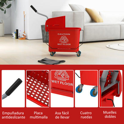 Mop Bucket with Wheels 20 L Capacity Mop Bucket with Wringer System Wheels and Transport Handle for Domestic and Commercial Use Red