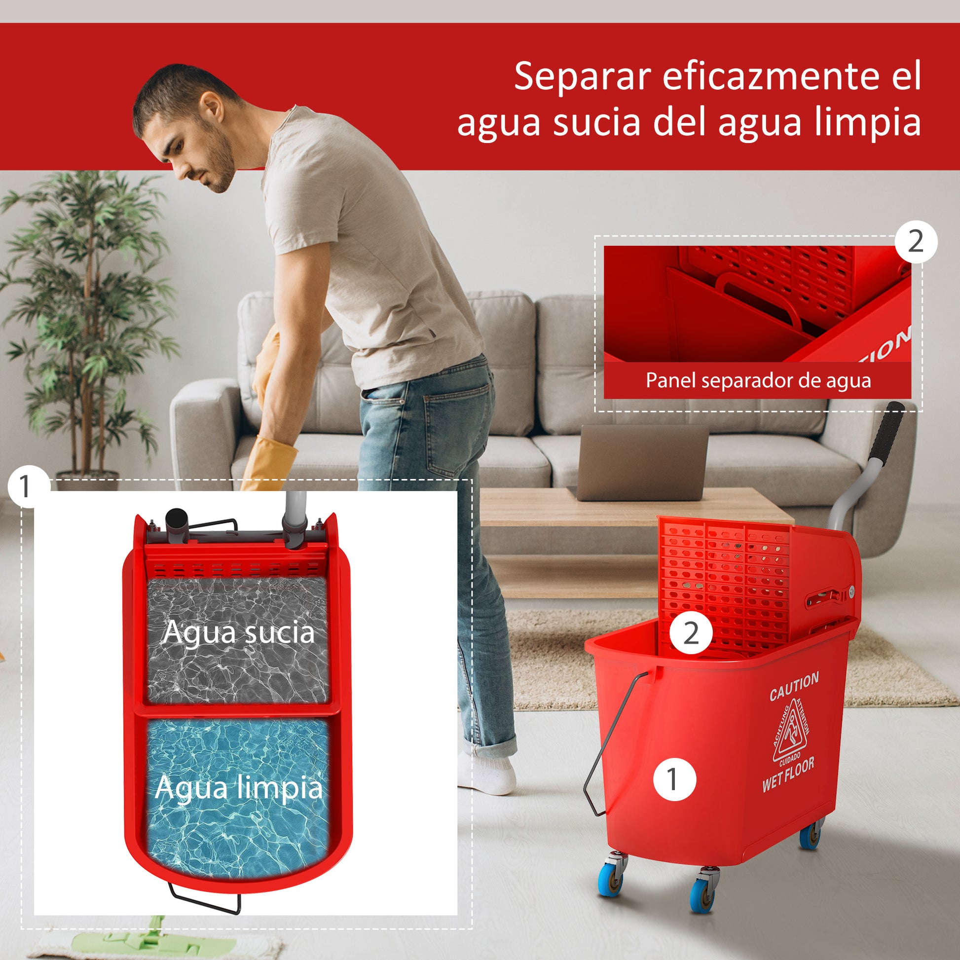 Mop Bucket with Wheels 20 L Capacity Mop Bucket with Wringer System Wheels and Transport Handle for Domestic and Commercial Use Red