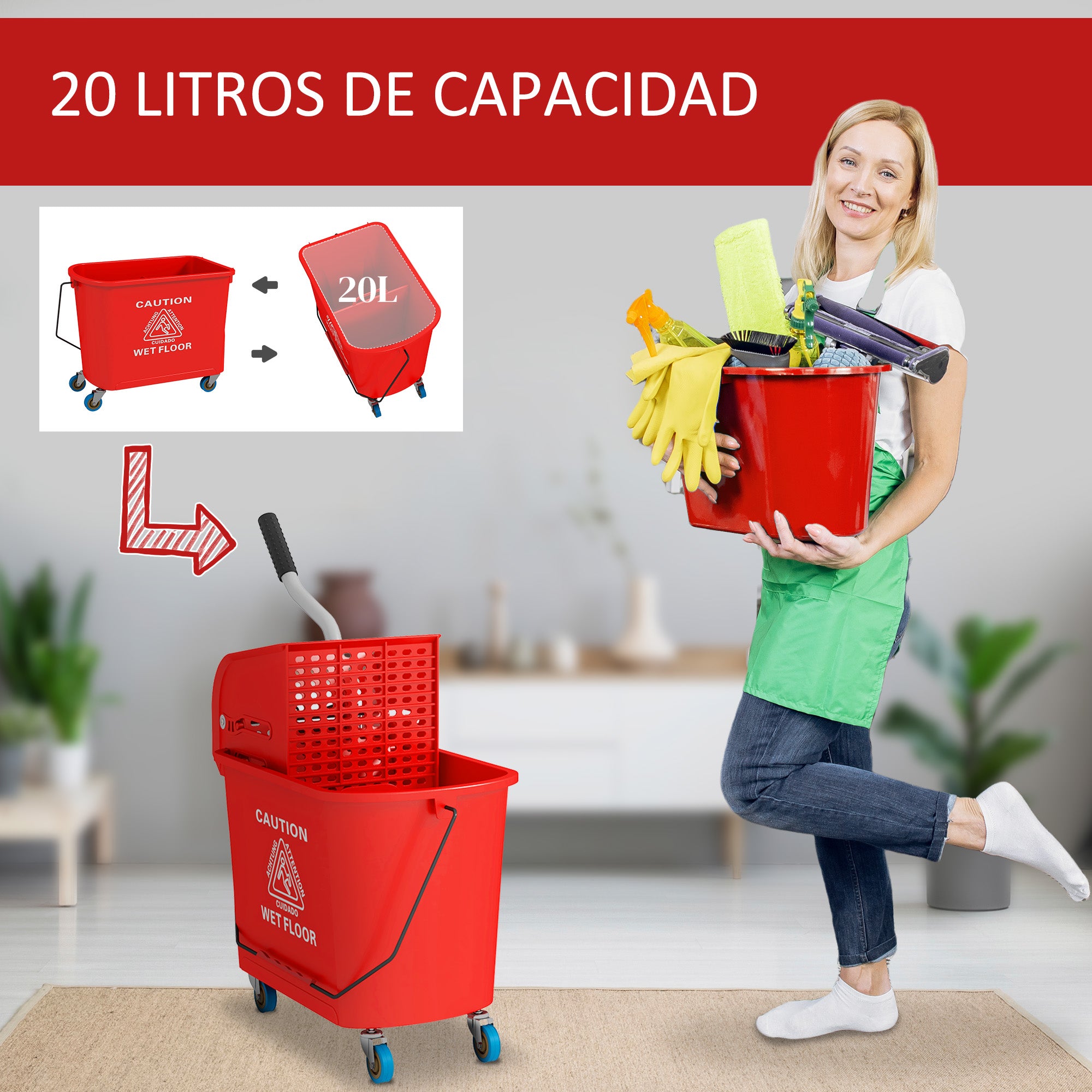 Mop Bucket with Wheels 20 L Capacity Mop Bucket with Wringer System Wheels and Transport Handle for Domestic and Commercial Use Red