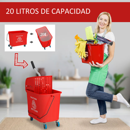Mop Bucket with Wheels 20 L Capacity Mop Bucket with Wringer System Wheels and Transport Handle for Domestic and Commercial Use Red
