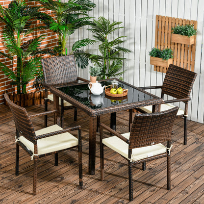 Synthetic Rattan Furniture Set 5 Pieces Garden Furniture Set Center Table with Glass Top and 4 Chairs with Cushions for Terrace Patio Balcony Brown