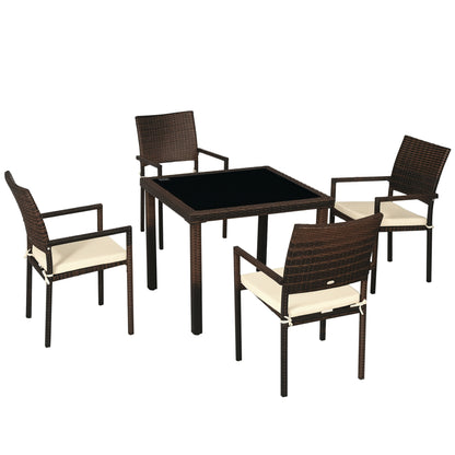 Synthetic Rattan Furniture Set 5 Pieces Garden Furniture Set Center Table with Glass Top and 4 Chairs with Cushions for Terrace Patio Balcony Brown