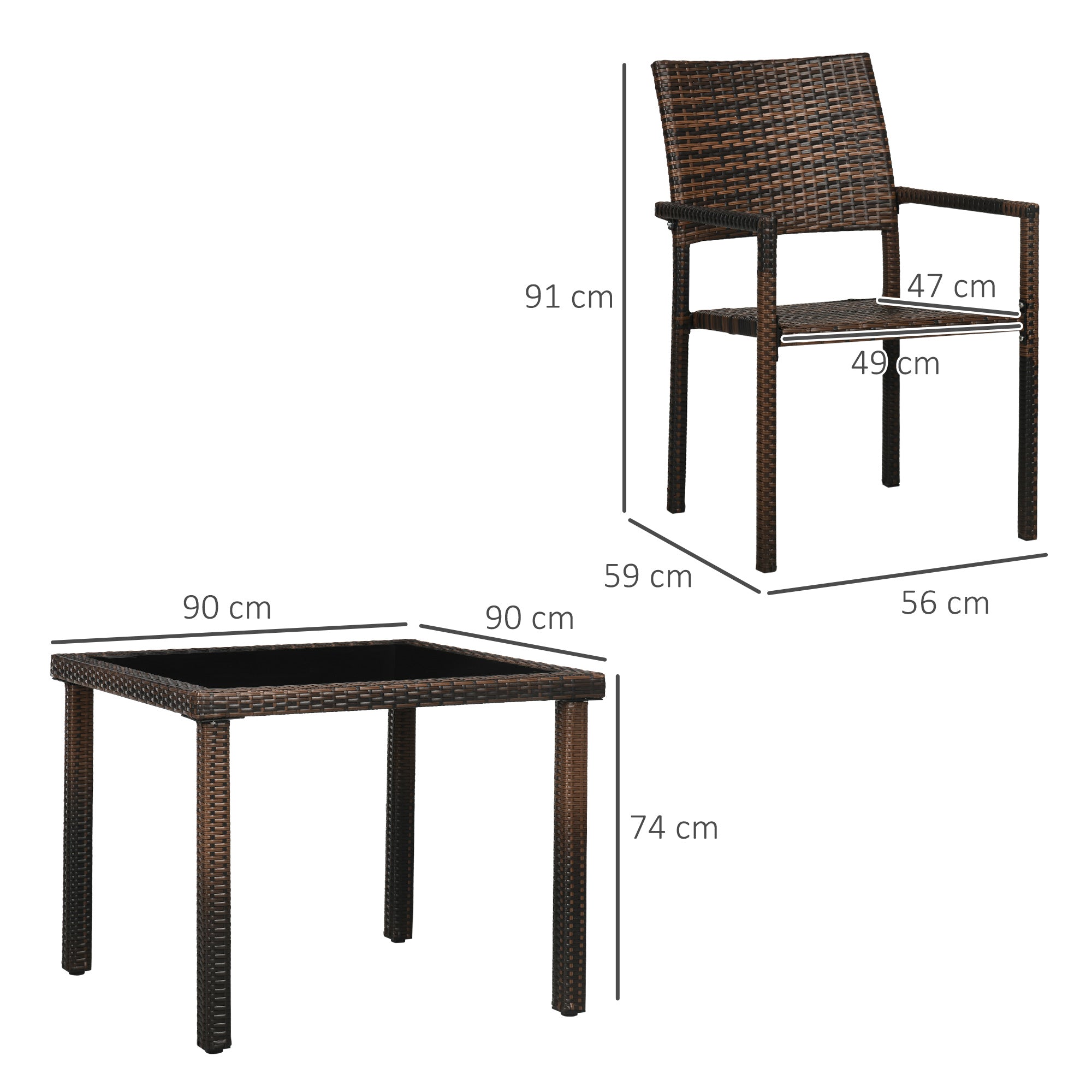 Synthetic Rattan Furniture Set 5 Pieces Garden Furniture Set Center Table with Glass Top and 4 Chairs with Cushions for Terrace Patio Balcony Brown