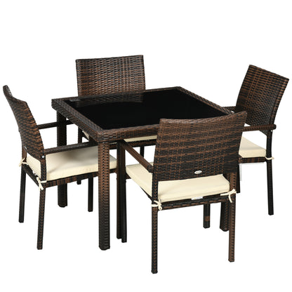 Synthetic Rattan Furniture Set 5 Pieces Garden Furniture Set Center Table with Glass Top and 4 Chairs with Cushions for Terrace Patio Balcony Brown