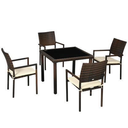 Synthetic Rattan Furniture Set 5 Pieces Garden Furniture Set Center Table with Glass Top and 4 Chairs with Cushions for Terrace Patio Balcony Brown