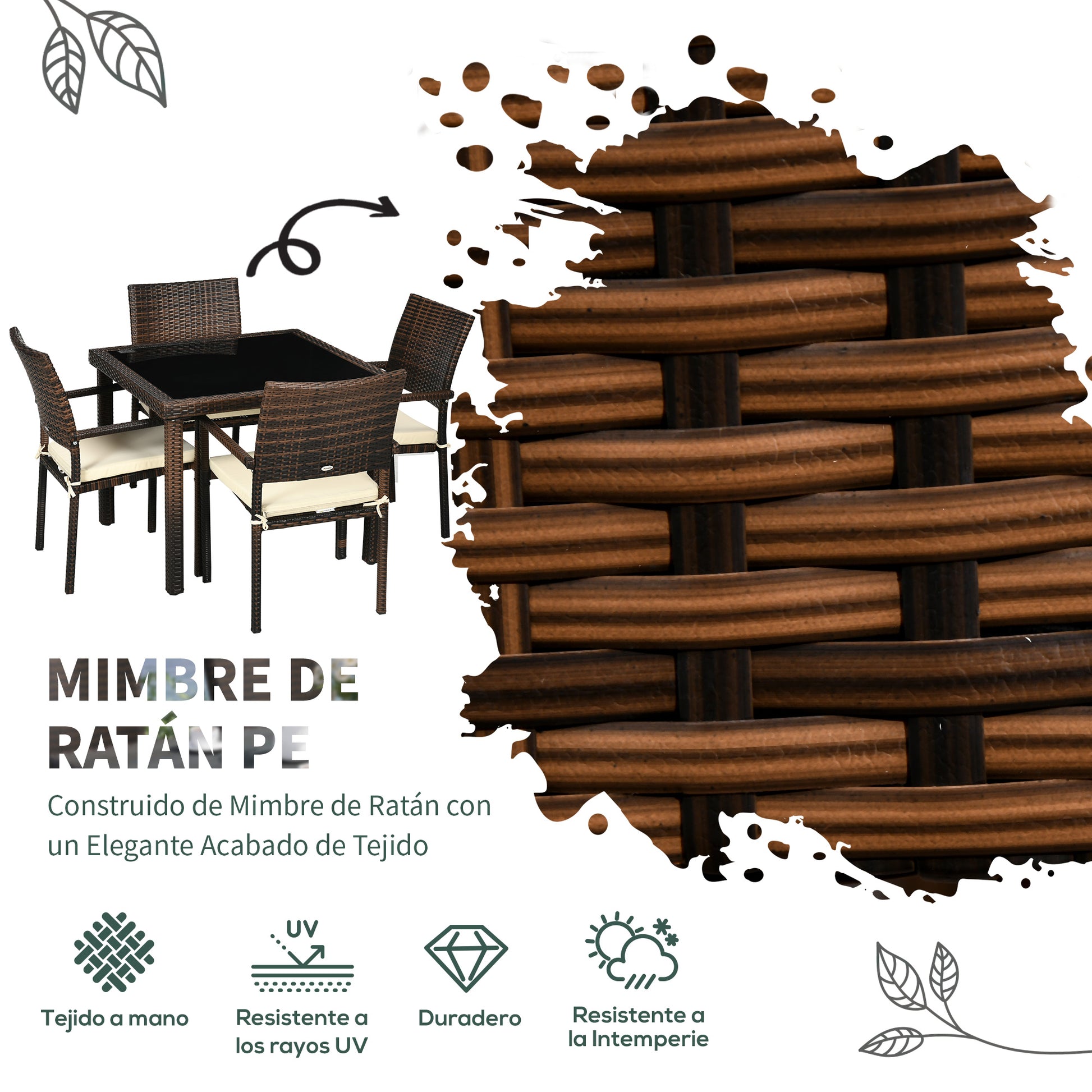 Synthetic Rattan Furniture Set 5 Pieces Garden Furniture Set Center Table with Glass Top and 4 Chairs with Cushions for Terrace Patio Balcony Brown