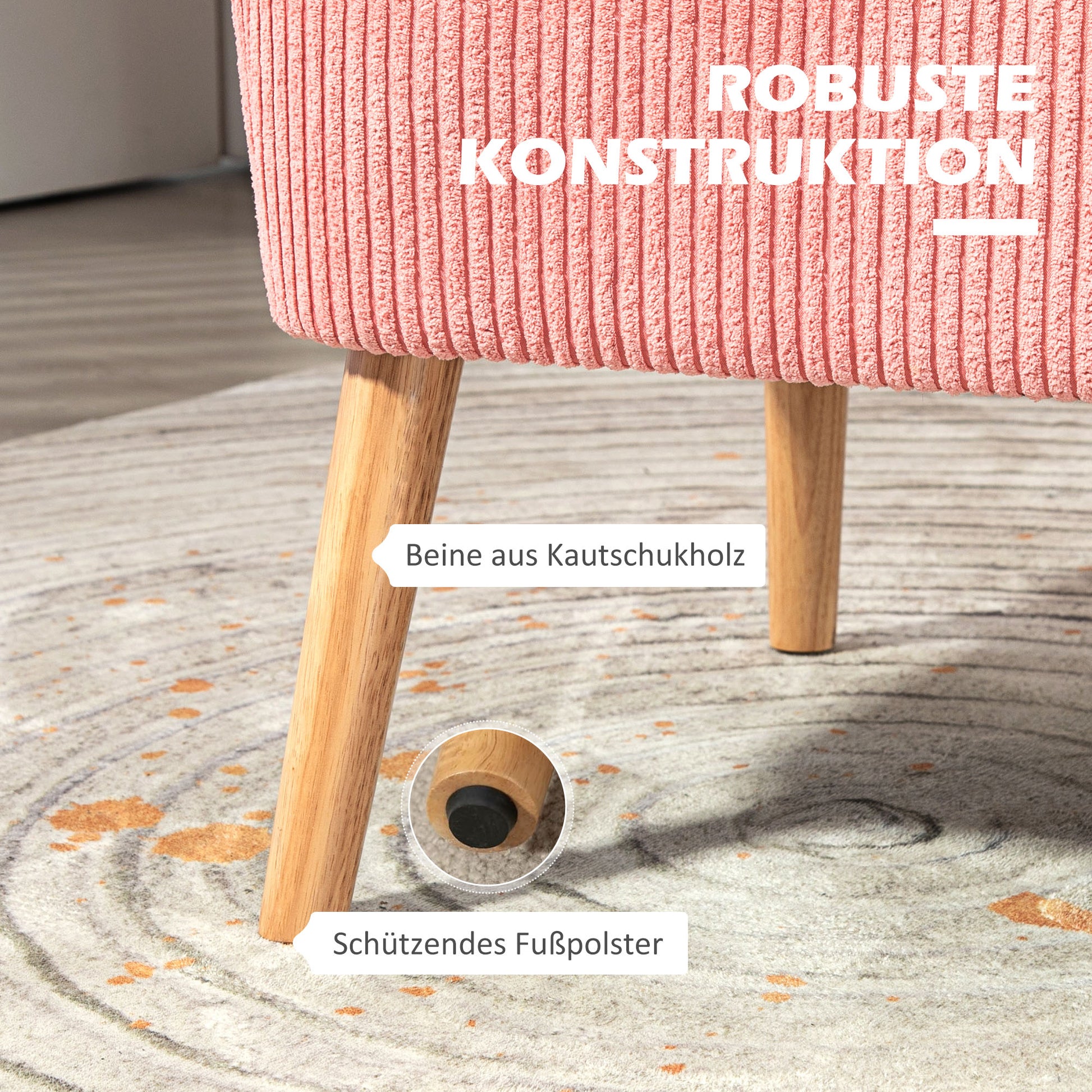 Sofa 2 Seater Modern Couch Without Armrest Upholstered Sofa with Corduroy Look, Small Lounge Sofa with Wooden Legs for Living Room, 117 x 56.5 x 77 cm, Pink