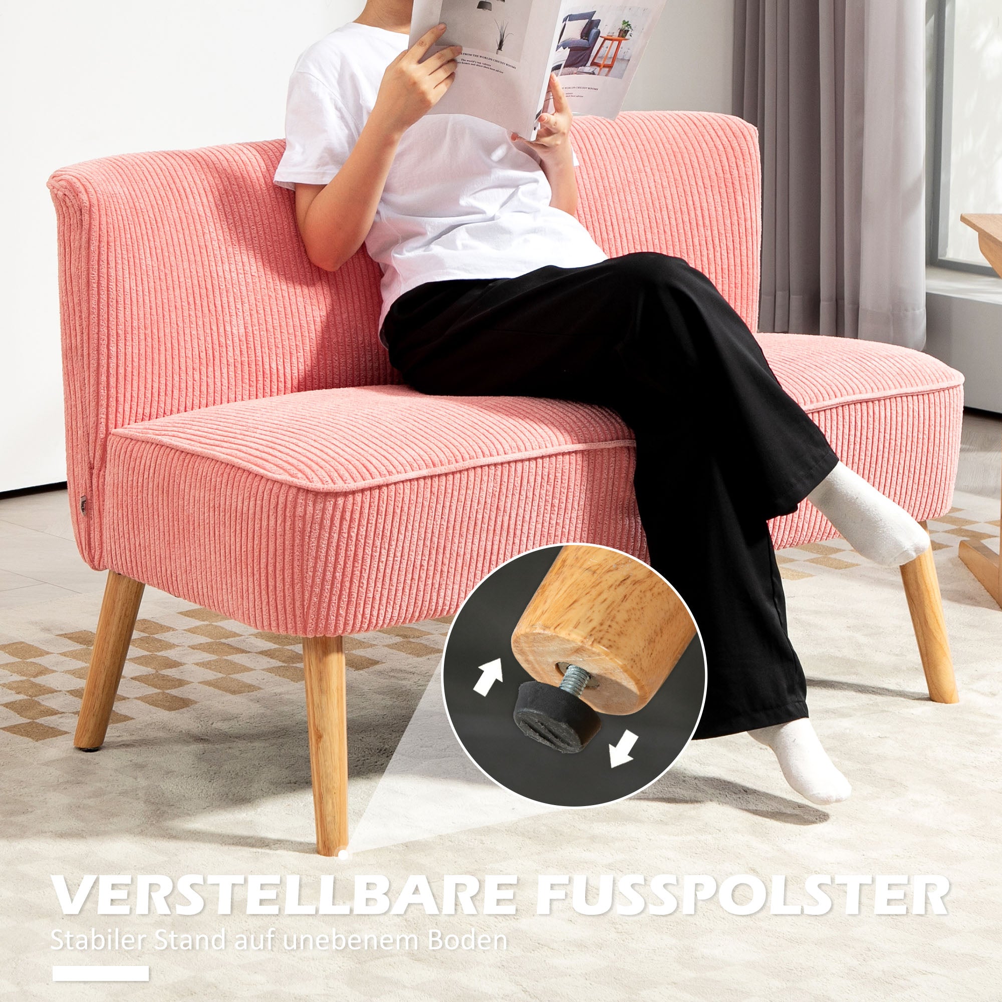 Sofa 2 Seater Modern Couch Without Armrest Upholstered Sofa with Corduroy Look, Small Lounge Sofa with Wooden Legs for Living Room, 117 x 56.5 x 77 cm, Pink