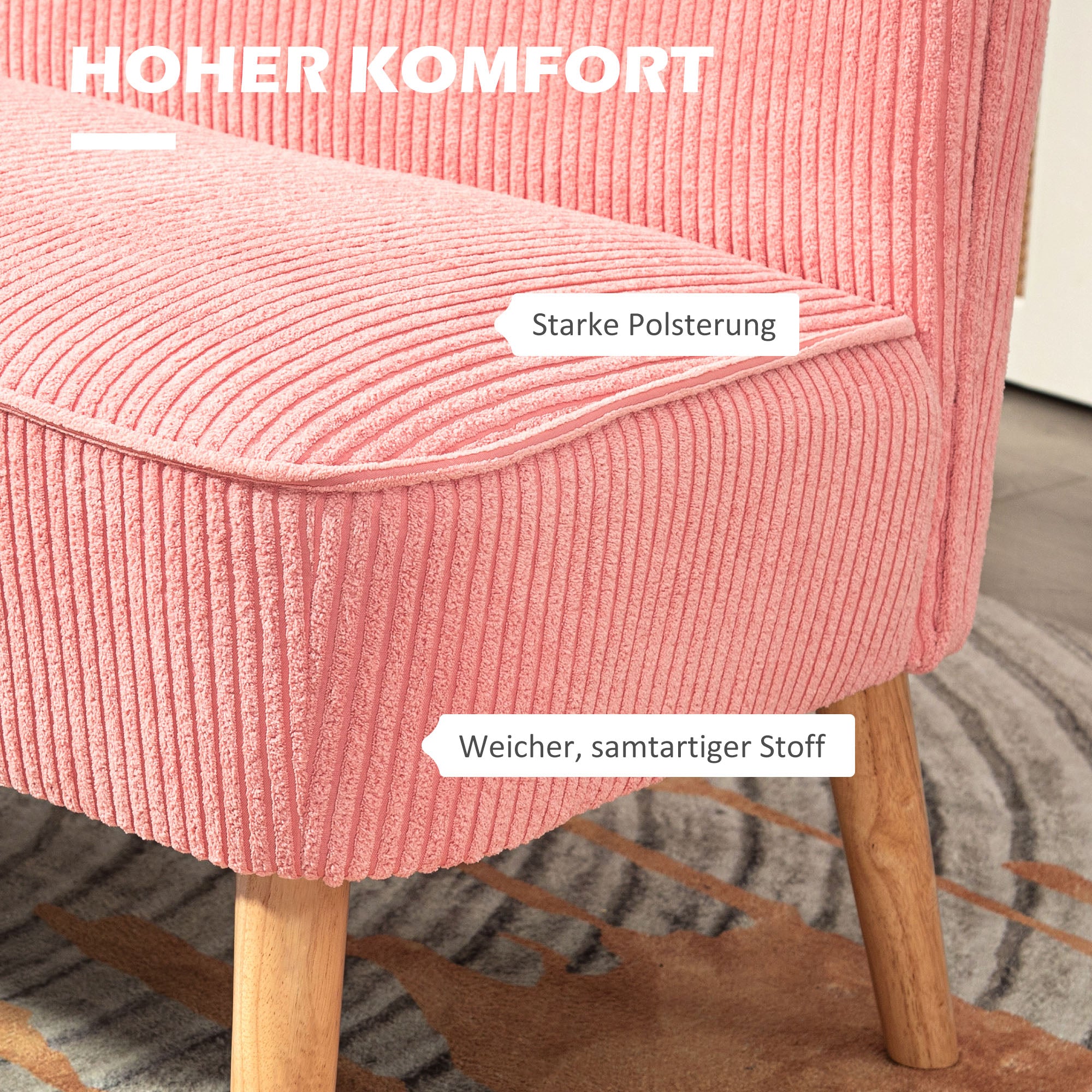 Sofa 2 Seater Modern Couch Without Armrest Upholstered Sofa with Corduroy Look, Small Lounge Sofa with Wooden Legs for Living Room, 117 x 56.5 x 77 cm, Pink