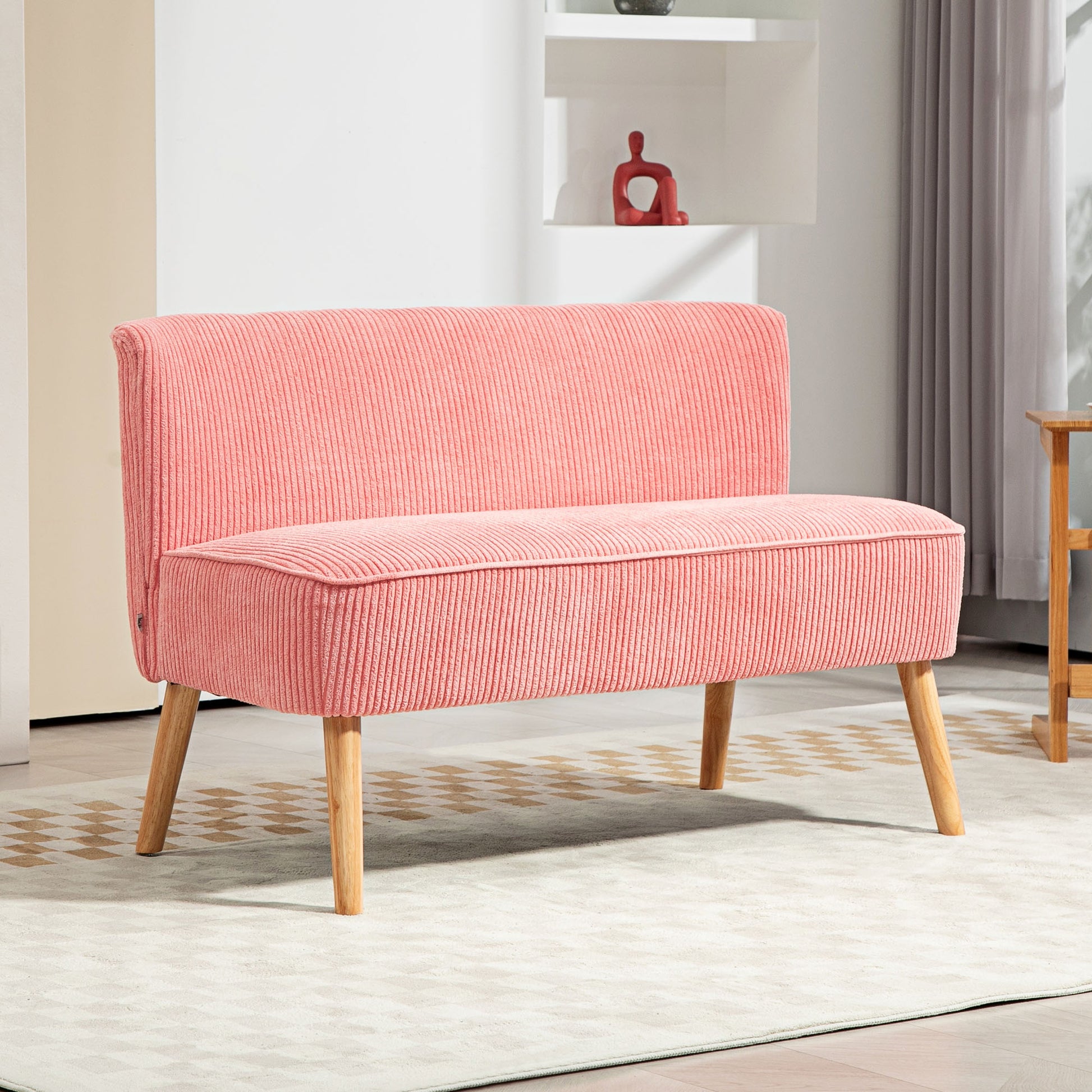 Sofa 2 Seater Modern Couch Without Armrest Upholstered Sofa with Corduroy Look, Small Lounge Sofa with Wooden Legs for Living Room, 117 x 56.5 x 77 cm, Pink