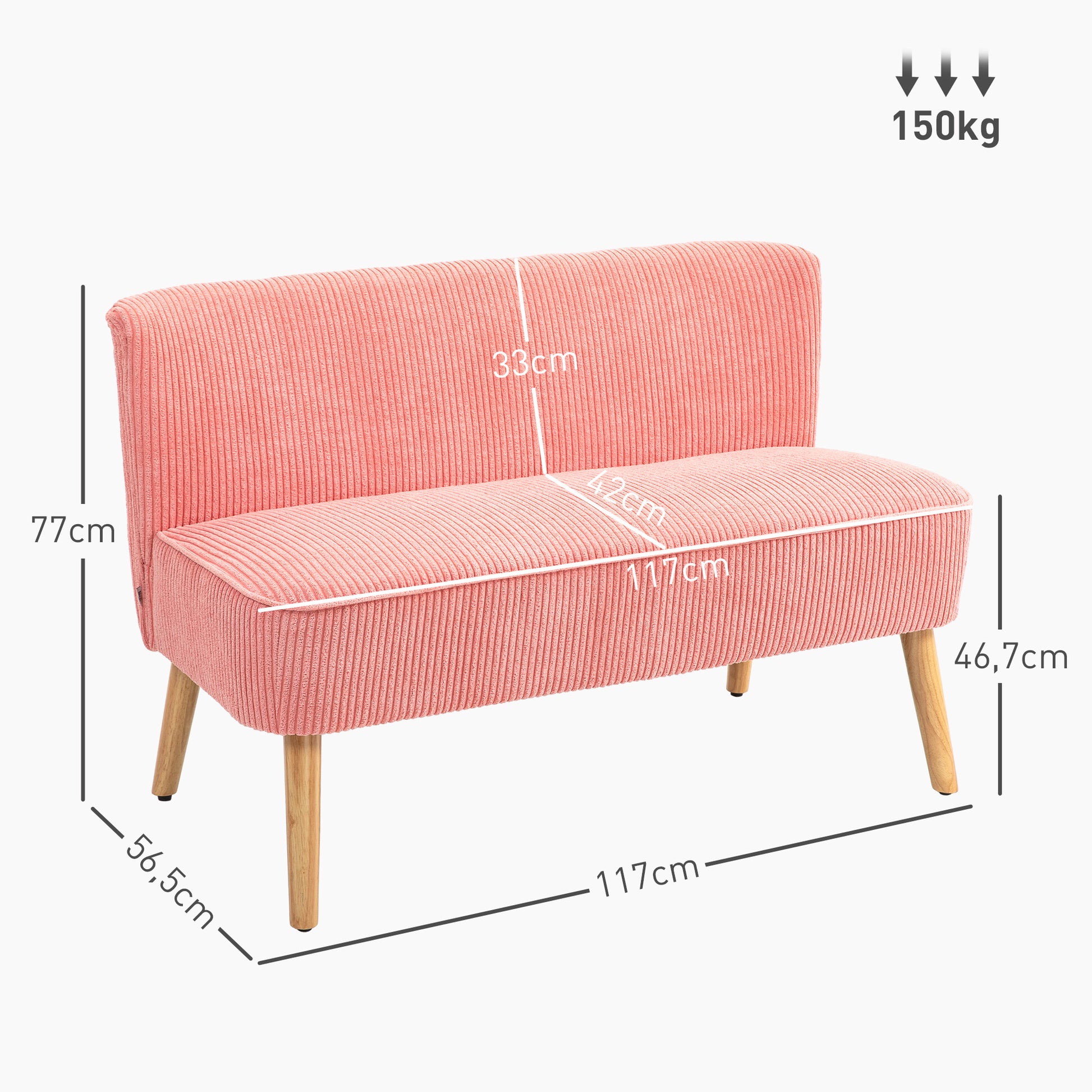 Sofa 2 Seater Modern Couch Without Armrest Upholstered Sofa with Corduroy Look, Small Lounge Sofa with Wooden Legs for Living Room, 117 x 56.5 x 77 cm, Pink