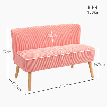 Sofa 2 Seater Modern Couch Without Armrest Upholstered Sofa with Corduroy Look, Small Lounge Sofa with Wooden Legs for Living Room, 117 x 56.5 x 77 cm, Pink