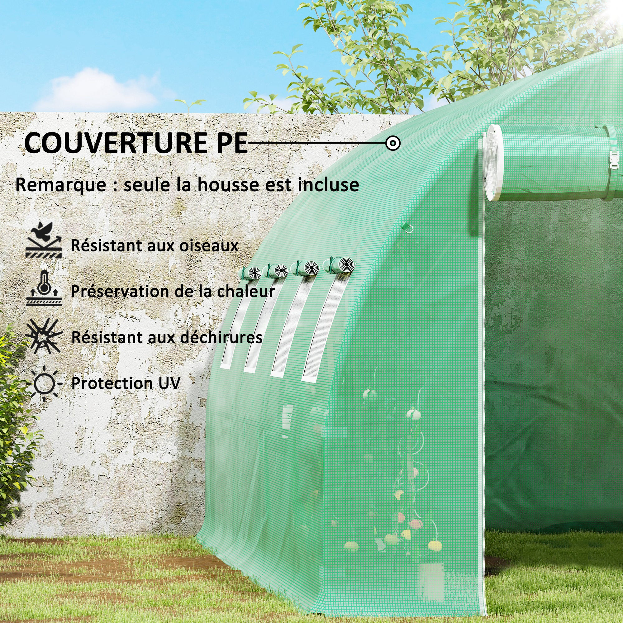 Replacement Film for Garden Tunnel Greenhouse 12 m², Film 4 x 3 x 2 m PE Anti-UV Waterproof 8 Windows + Roll-up Zippered Door Green