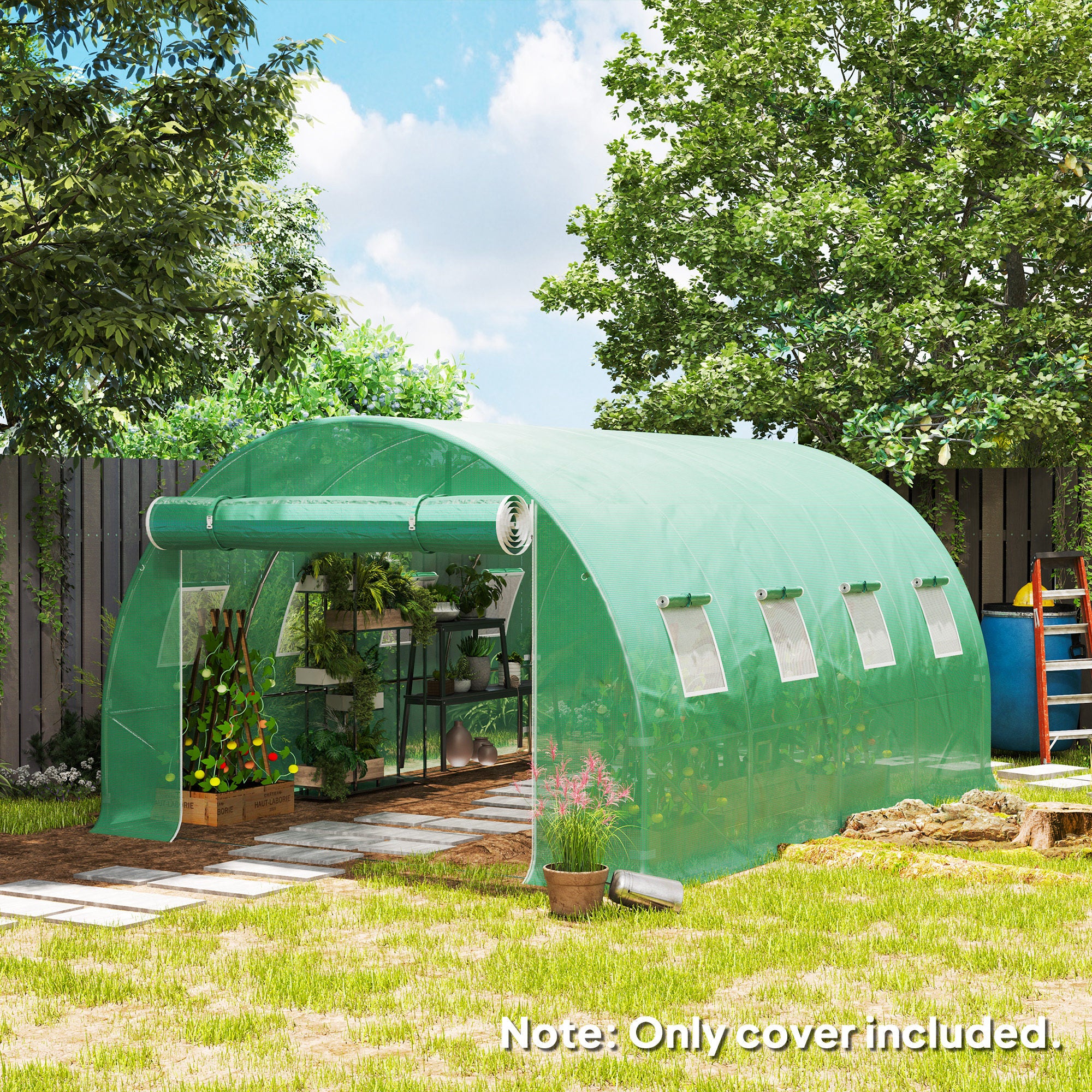 Replacement Film for Garden Tunnel Greenhouse 12 m², Film 4 x 3 x 2 m PE Anti-UV Waterproof 8 Windows + Roll-up Zippered Door Green