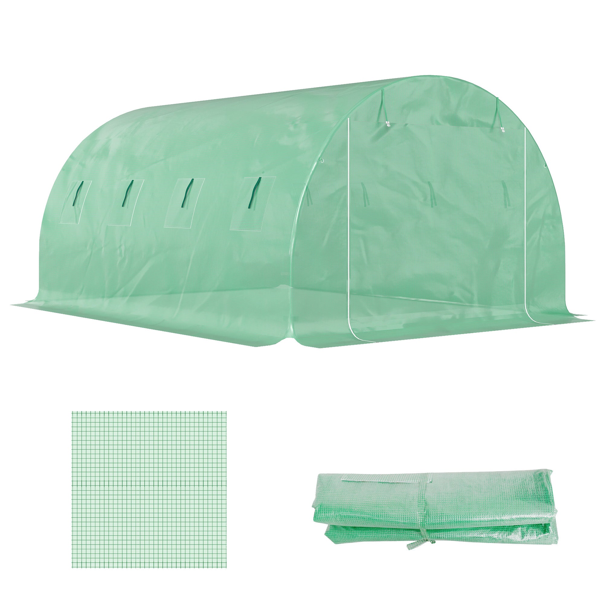 Replacement Film for Garden Tunnel Greenhouse 12 m², Film 4 x 3 x 2 m PE Anti-UV Waterproof 8 Windows + Roll-up Zippered Door Green