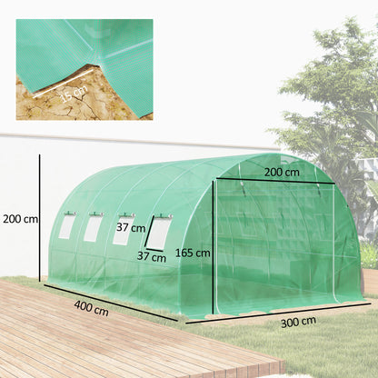 Replacement Film for Garden Tunnel Greenhouse 12 m², Film 4 x 3 x 2 m PE Anti-UV Waterproof 8 Windows + Roll-up Zippered Door Green