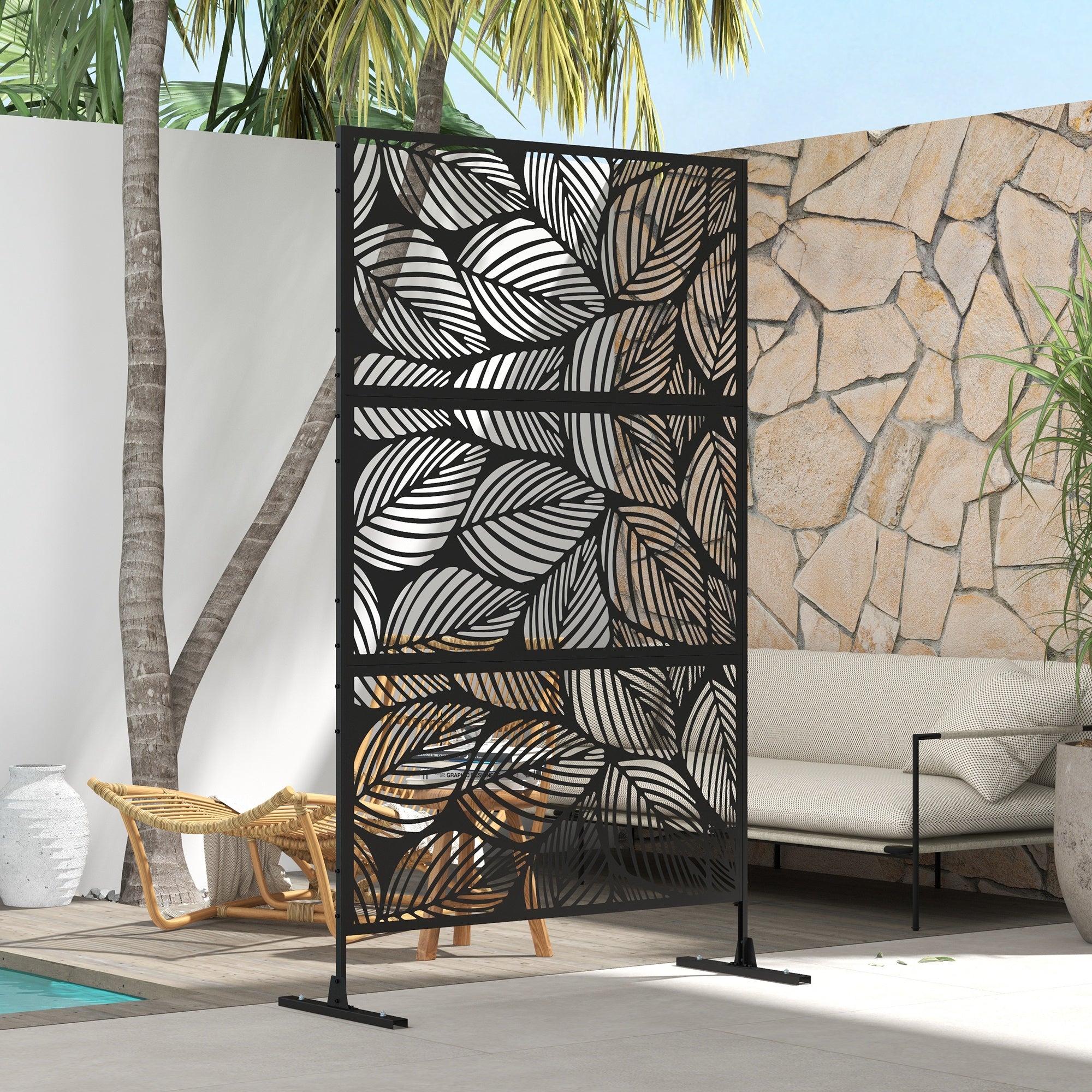 Room Divider 3-Panel 122 x 198 cm Garden Privacy Screen, Partition Wall 3-Piece Privacy Screen made of Steel Freestanding Paravent with Leaf Pattern Room Divider for Garden, Patio, Black