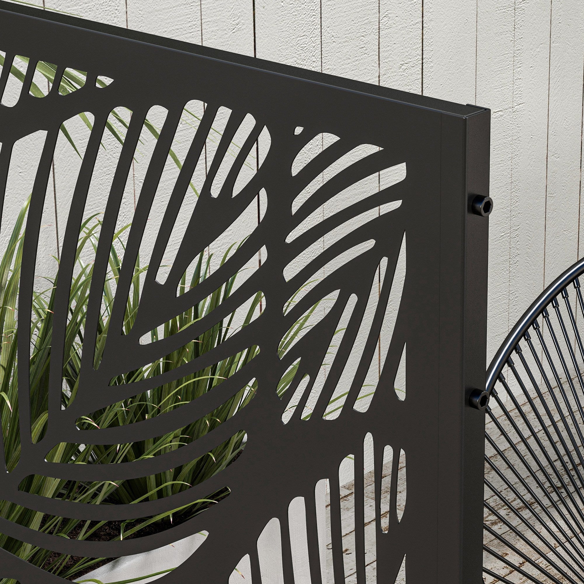 Room Divider 3-Panel 122 x 198 cm Garden Privacy Screen, Partition Wall 3-Piece Privacy Screen made of Steel Freestanding Paravent with Leaf Pattern Room Divider for Garden, Patio, Black