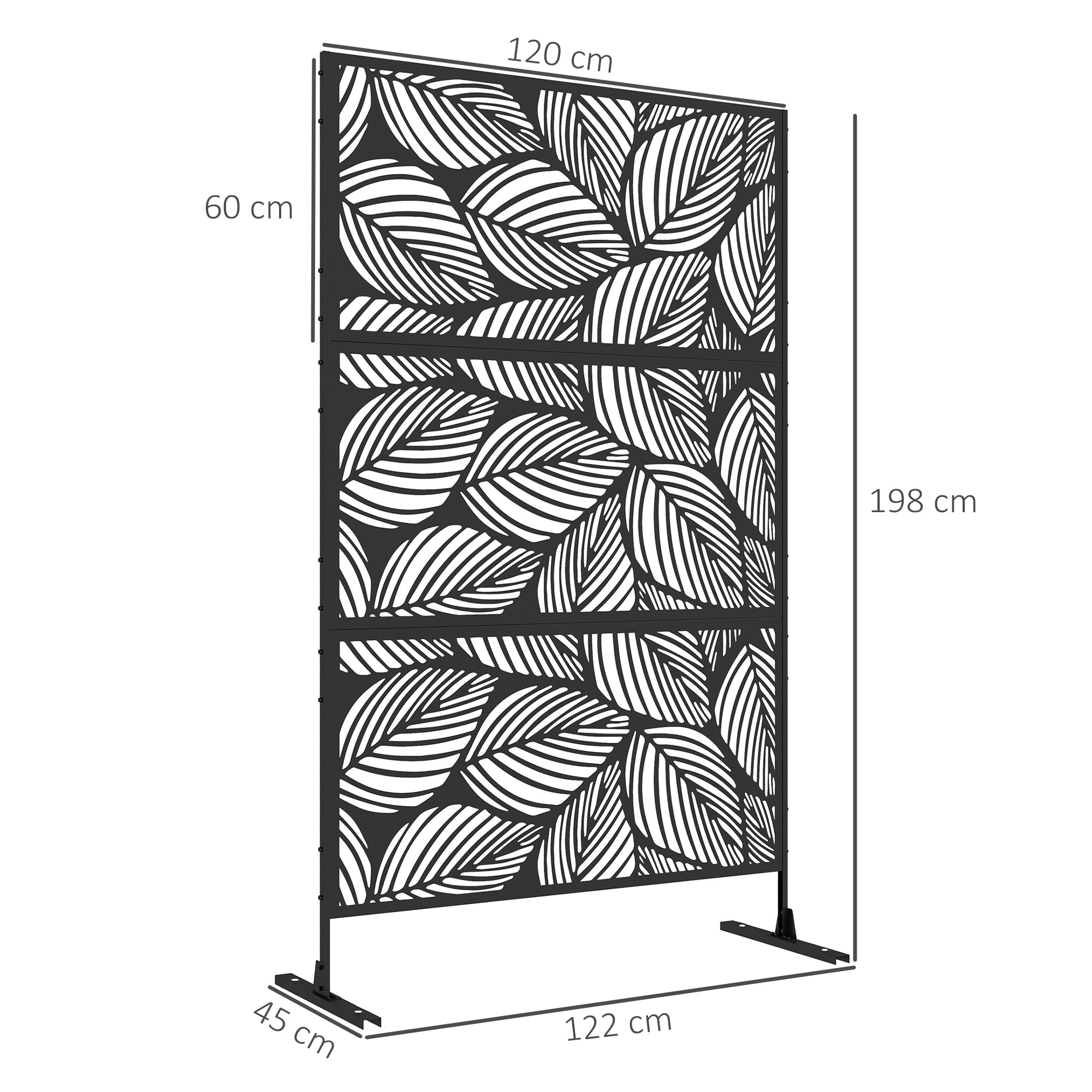 Room Divider 3-Panel 122 x 198 cm Garden Privacy Screen, Partition Wall 3-Piece Privacy Screen made of Steel Freestanding Paravent with Leaf Pattern Room Divider for Garden, Patio, Black