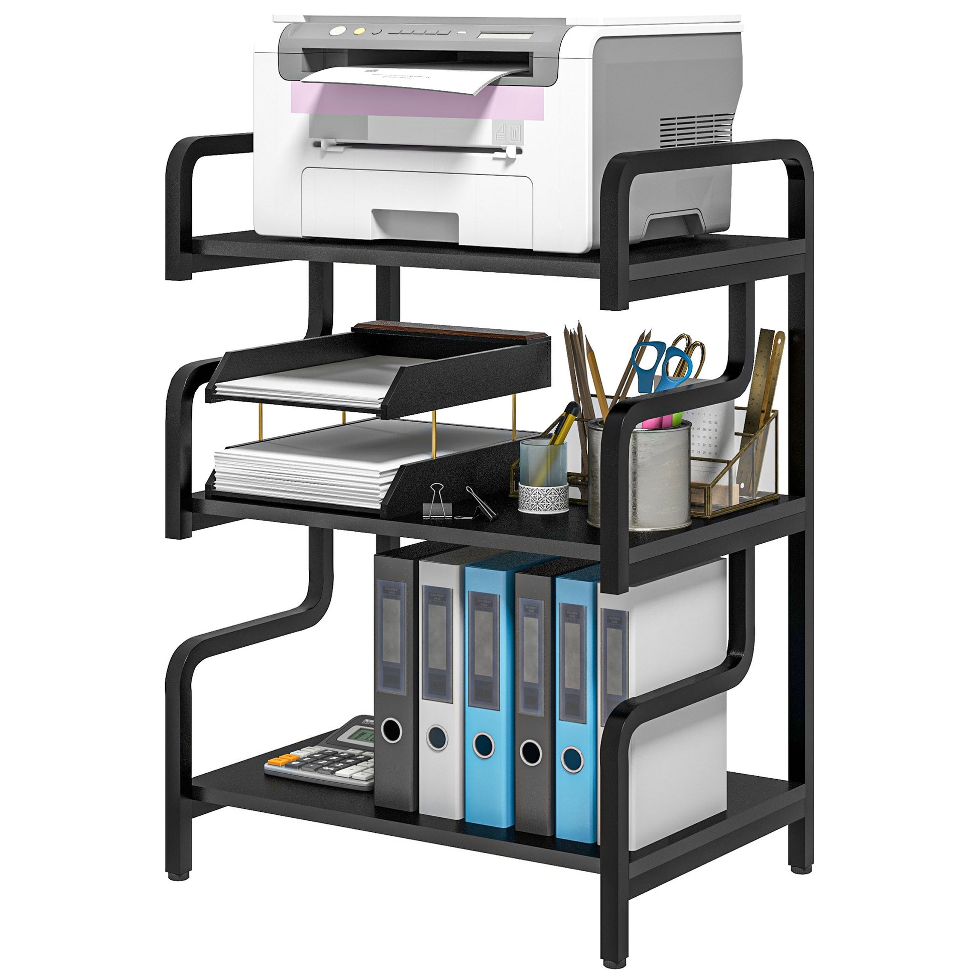 3-Tier Printer Stand, Storage Shelf, Printer Stand in Wood and Metal 55x40x77cm for Home Office Black