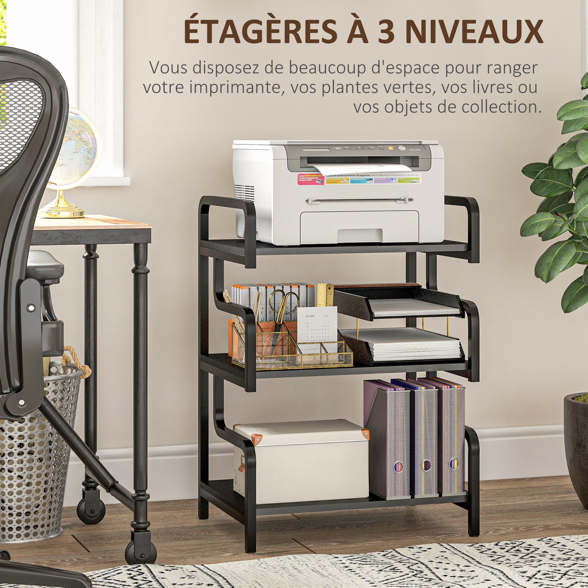 3-Tier Printer Stand, Storage Shelf, Printer Stand in Wood and Metal 55x40x77cm for Home Office Black