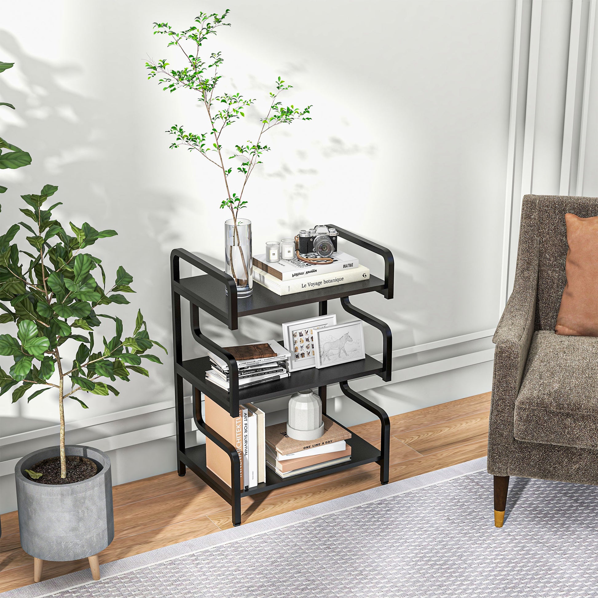 3-Tier Printer Stand, Storage Shelf, Printer Stand in Wood and Metal 55x40x77cm for Home Office Black