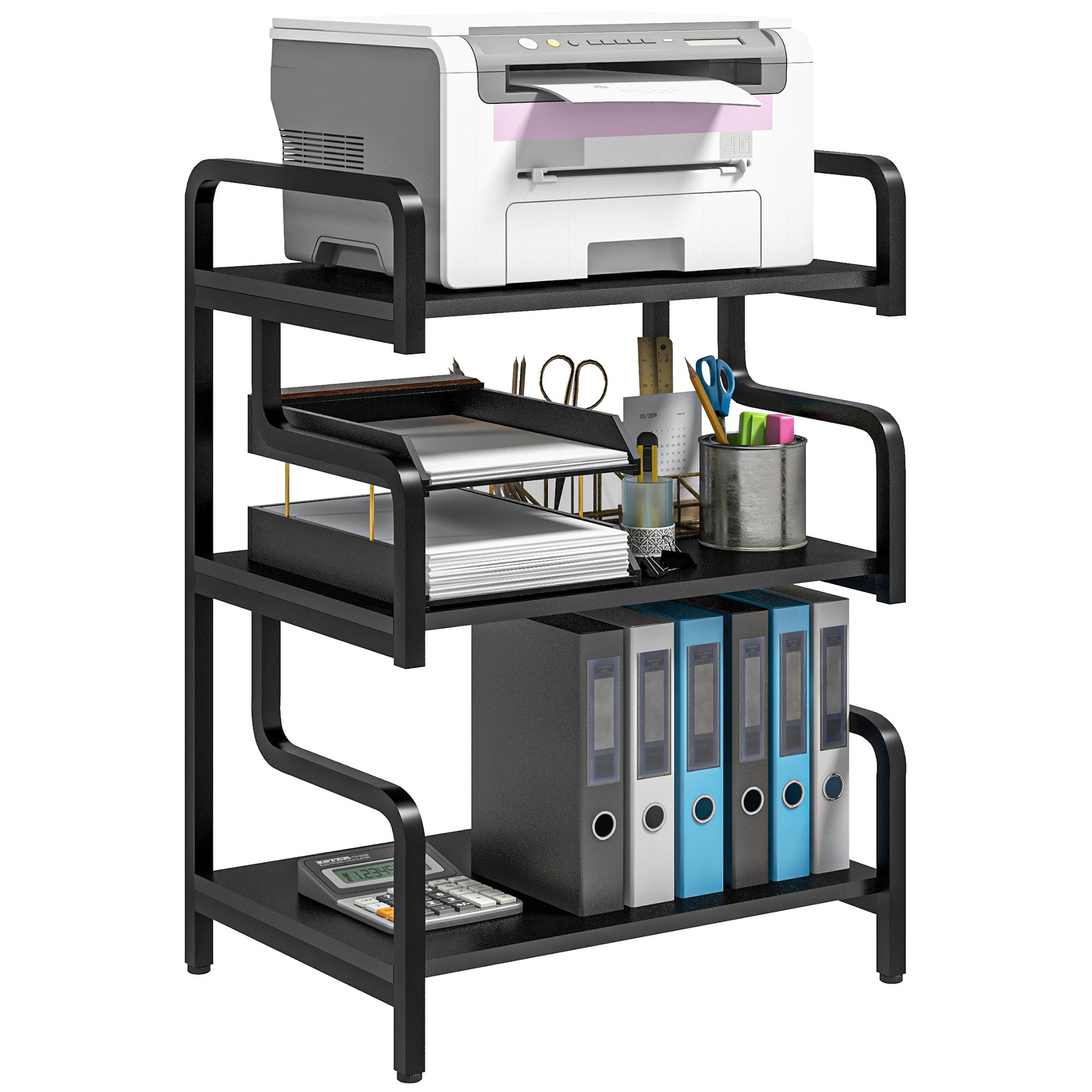 3-Tier Printer Stand, Storage Shelf, Printer Stand in Wood and Metal 55x40x77cm for Home Office Black