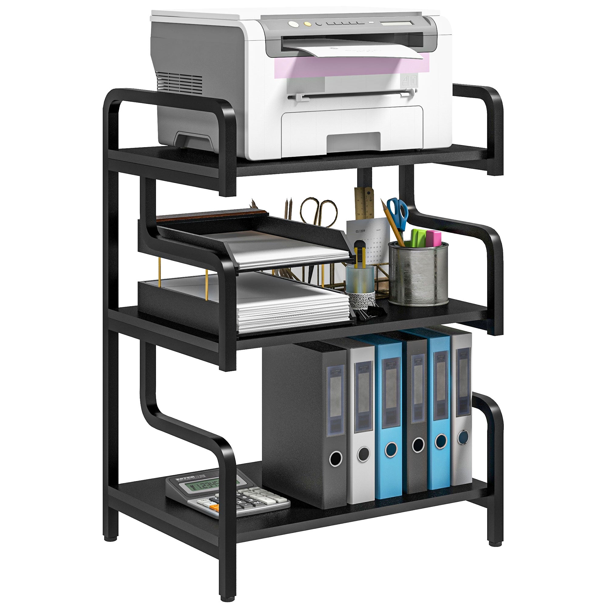 3-Tier Printer Stand, Storage Shelf, Printer Stand in Wood and Metal 55x40x77cm for Home Office Black