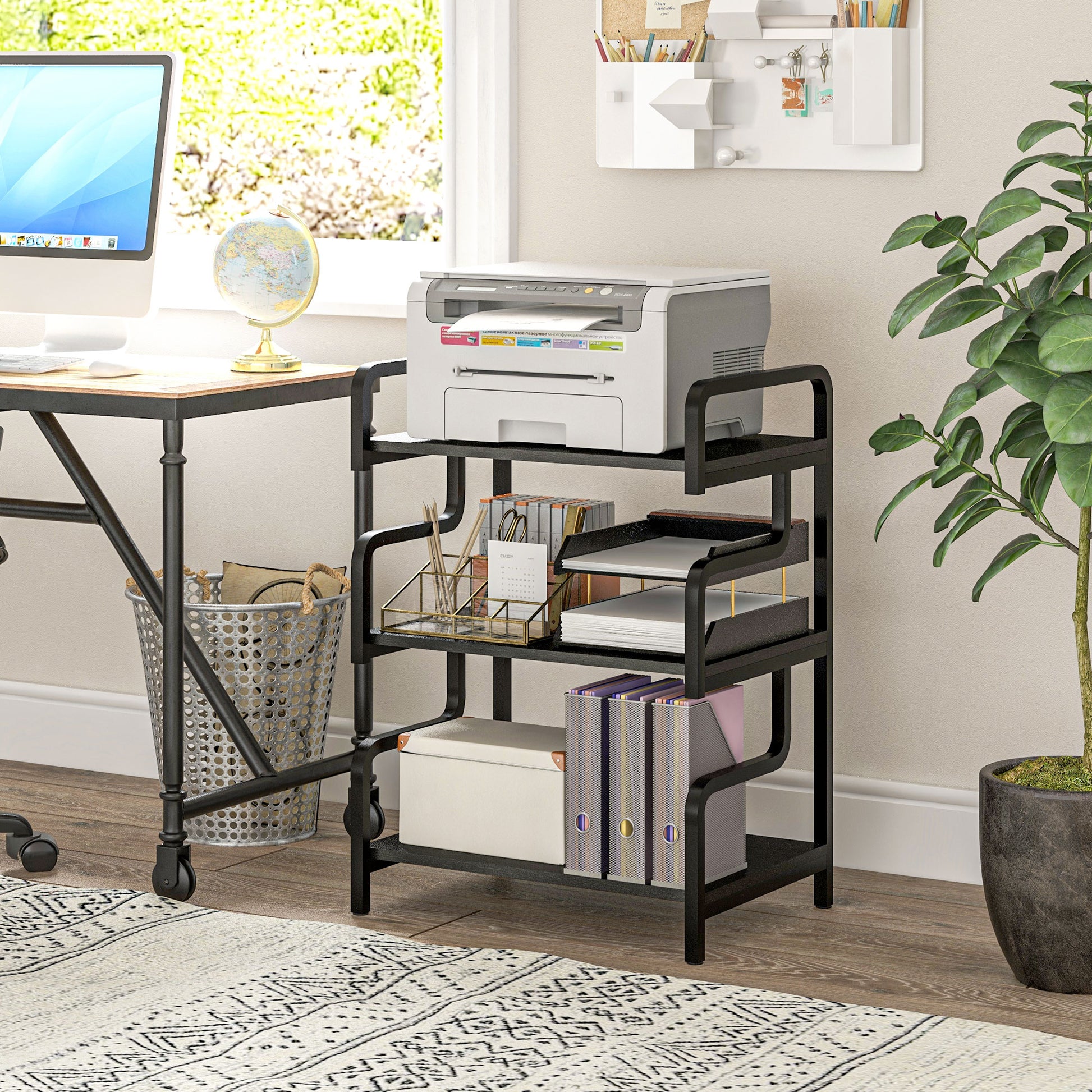 3-Tier Printer Stand, Storage Shelf, Printer Stand in Wood and Metal 55x40x77cm for Home Office Black
