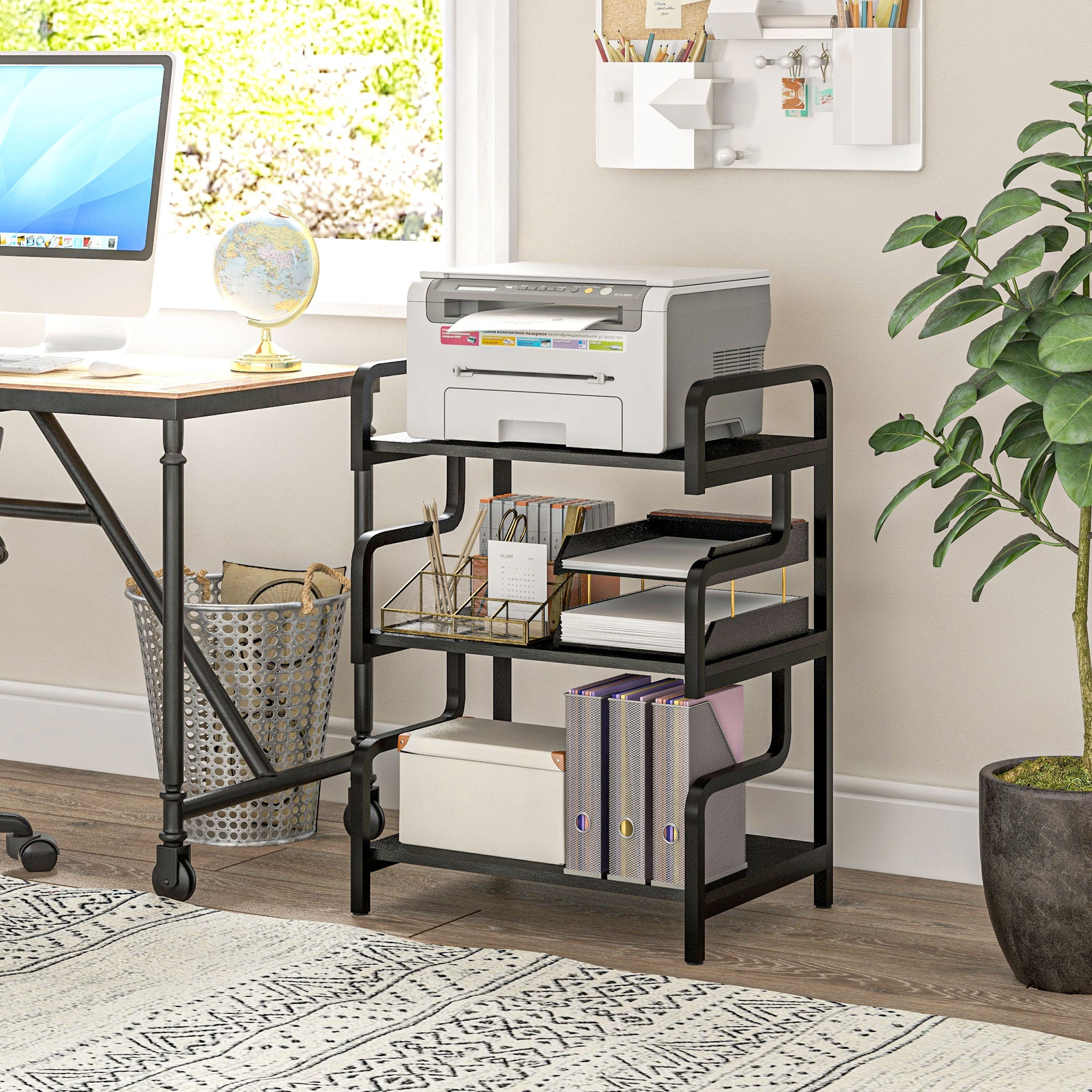 3-Tier Printer Stand, Storage Shelf, Printer Stand in Wood and Metal 55x40x77cm for Home Office Black