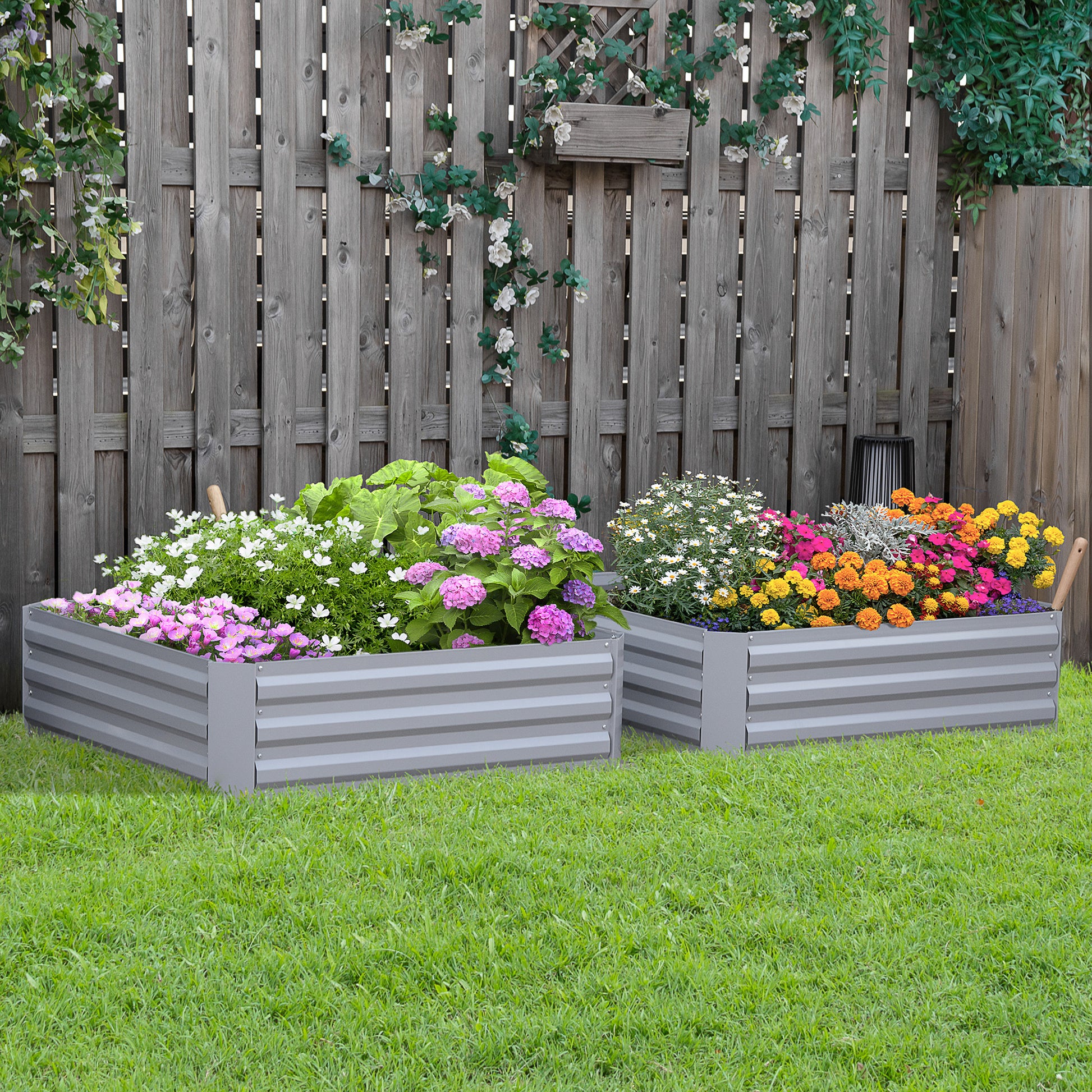 Raised Bed Set, 2-Piece Gardening Bed, Planting Box, Flower Box, Planting Pot, Flower Pot for Garden, Terrace, Galvanized Steel, Gray, 100 x 100 x 30 cm