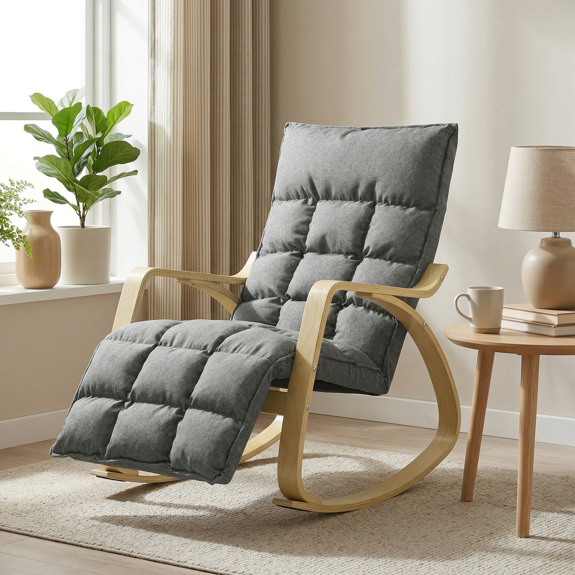 Rocking Recliner with 5-Position Adjustable Footrest, High Back, Linen-Look Upholstery — Gray