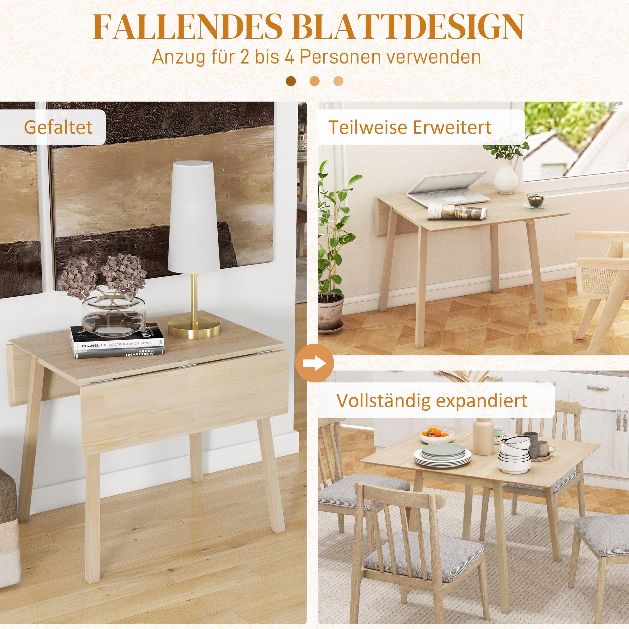 Folding Dining Table Kitchen Table for 2-4 People Dining Table Folding Table in Country Style for Small Spaces, Kitchen, Dining Room 110 x 86 x 75 cm Natural