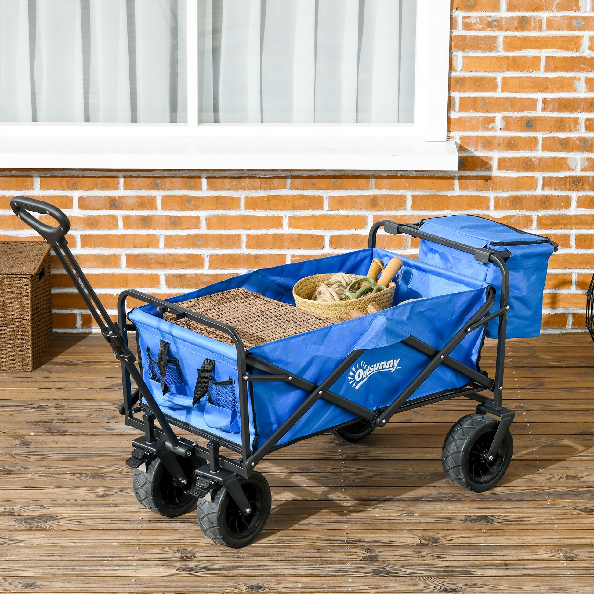 Folding Beach Cart 110L with Telescopic Handle and 15L Thermal Bag, Steel and Oxford Fabric Garden Cart, Blue