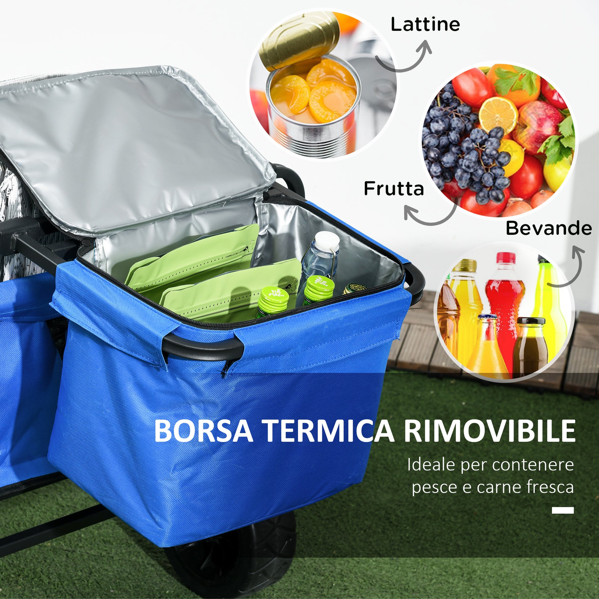 Folding Beach Cart 110L with Telescopic Handle and 15L Thermal Bag, Steel and Oxford Fabric Garden Cart, Blue