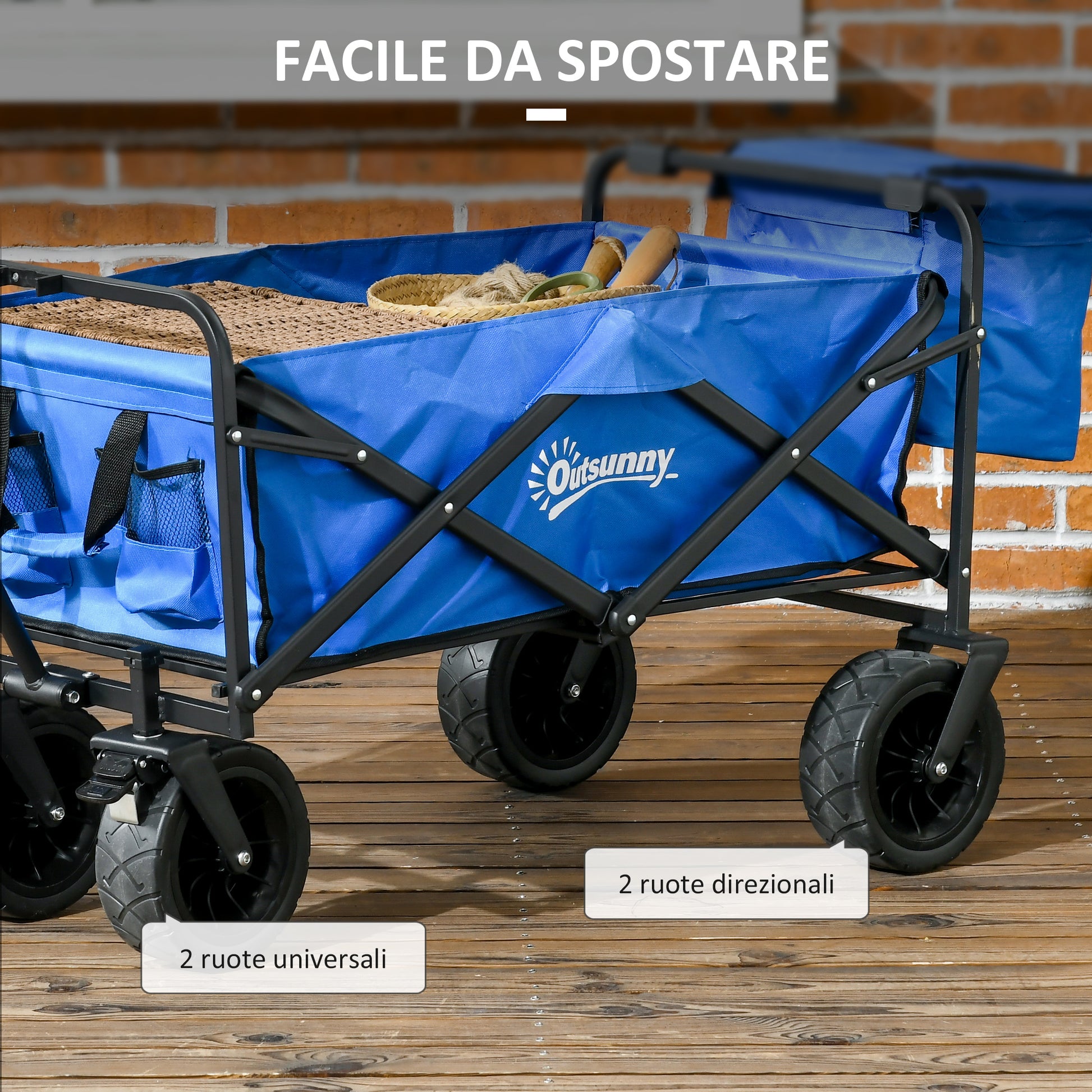 Folding Beach Cart 110L with Telescopic Handle and 15L Thermal Bag, Steel and Oxford Fabric Garden Cart, Blue