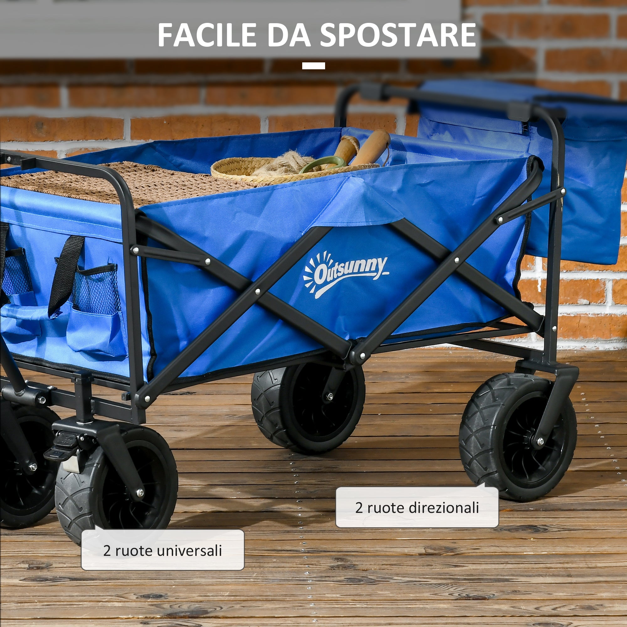 Folding Beach Cart 110L with Telescopic Handle and 15L Thermal Bag, Steel and Oxford Fabric Garden Cart, Blue