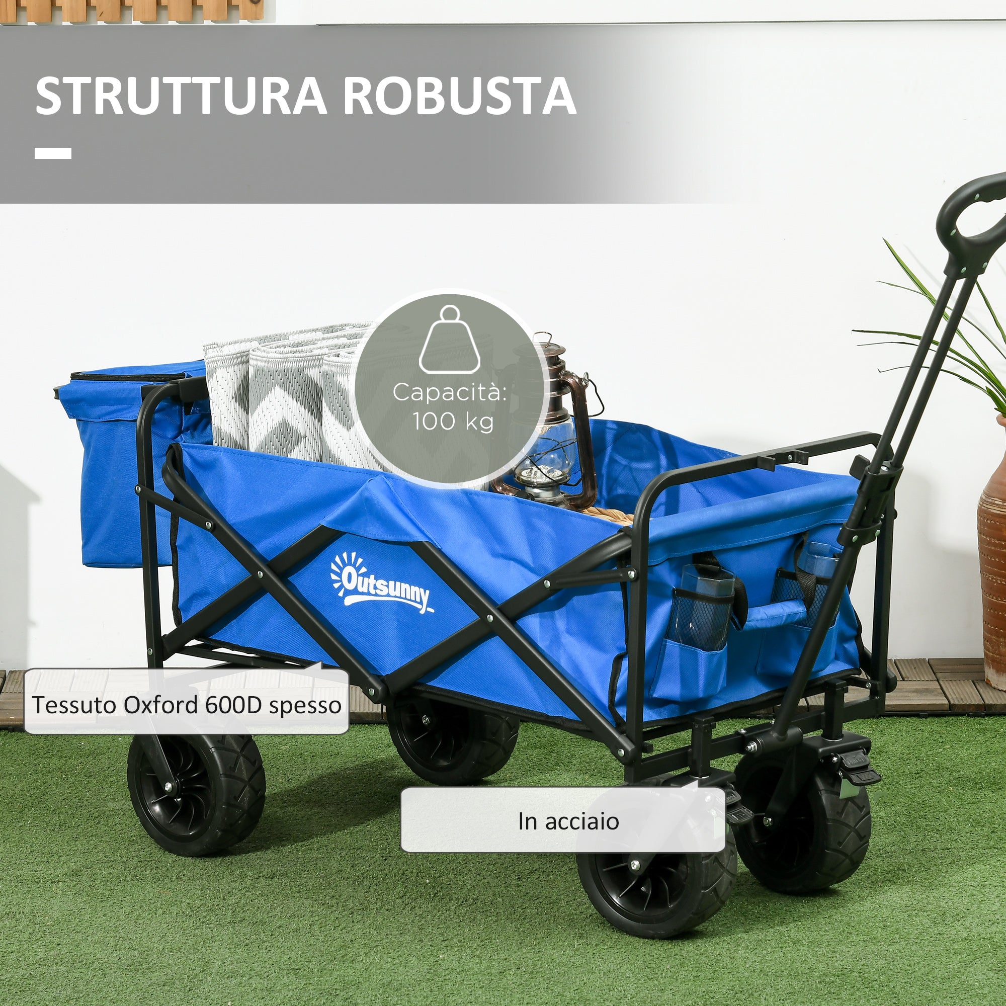 Folding Beach Cart 110L with Telescopic Handle and 15L Thermal Bag, Steel and Oxford Fabric Garden Cart, Blue